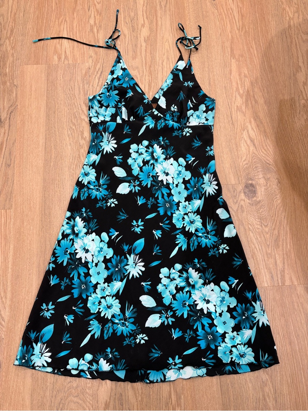 Vintage Black V-Neck Dress with Teal Floral Print